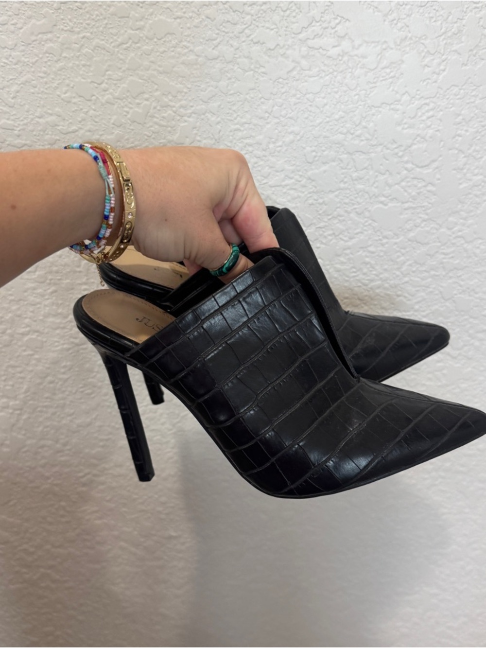 Black Croc-Embossed Pointed-Toe Mule Heels
